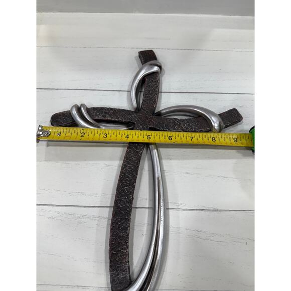 Faux Metal Wall Cross 13x9 Inch Christian Decor Brown Silver Farmhouse Style - Picture 4 of 13